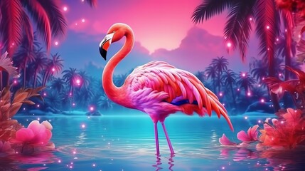A graceful pink flamingo standing in a serene body of water. Generative ai