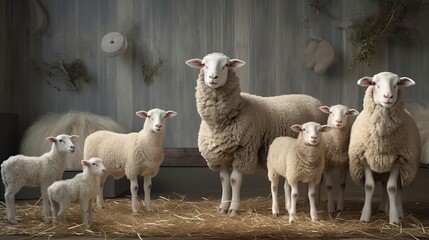 Naklejka na ściany i meble Sheep on top of a hay bale stack. Generative ai