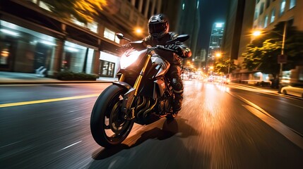 A motorcycle rider racing at full speed through the city streets at night, capturing the thrill and freedom of urban biking. Generative AI