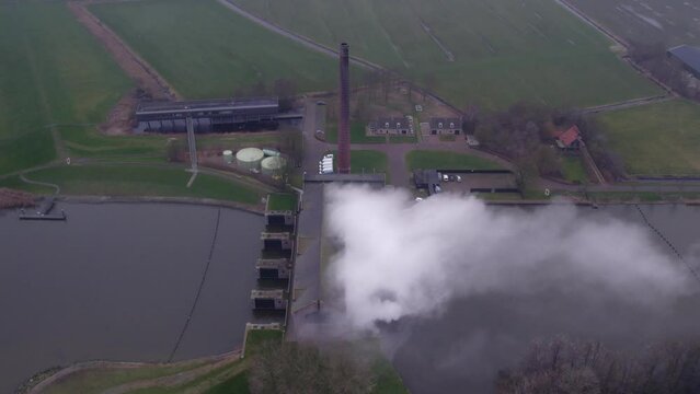 The largest steam pumping station The Woudagemaal ever built in the world. Aerial 4k