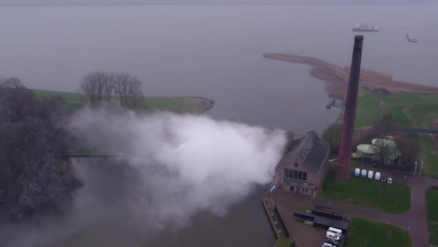 Moody morning at Woudagemaal Steam Pumping Station in Lemmer, Aerial