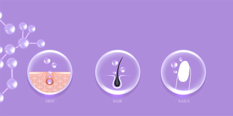 Hyaluronic acid skin hair nails solutions ad, purple collagen serum drop with cosmetic advertising background ready to use, illustration vector.