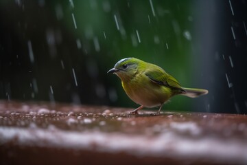 Sweet Green Bird In Heavy Rain