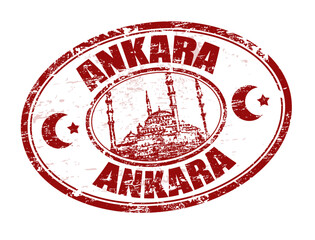 Red grunge rubber stamp with Kocatepe Mosque shape and the name of Ankara written inside