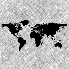 Fototapeta na wymiar black world map over grunge stripes, abstract art illustration