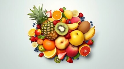 A colorful assortment of fresh fruits on a vibrant white backdrop. Generative ai