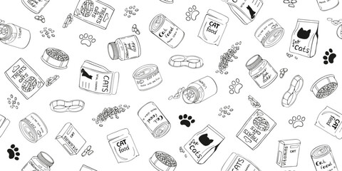 Vector seamless illustration of cat food and vitamins in different packages in doodle style. Dry and wet animal feed.