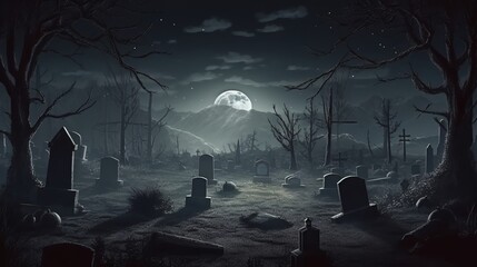 A spooky cemetery illuminated by the full moon at night. Generative ai
