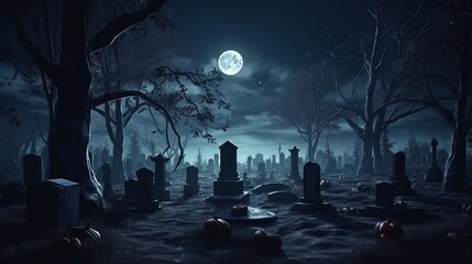 A spooky cemetery illuminated by the full moon at night. Generative ai - obrazy, fototapety, plakaty