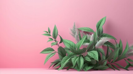 Fototapeta na wymiar Plants arranged beautifully on the pink wall. Plants on pink fashion idea. Generative ai