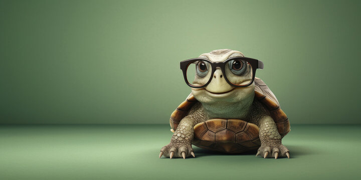 Portrait of a cute turtle with glasses on green background, Generative AI