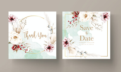 beautiful watercolor wedding invitation card with elegant bohemian flower and foliage