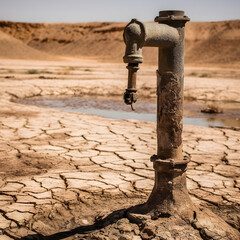 Desert Landscape: Cracked Earth and Water Pool under Midday Sun