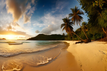 Tropical beach panorama at sunset