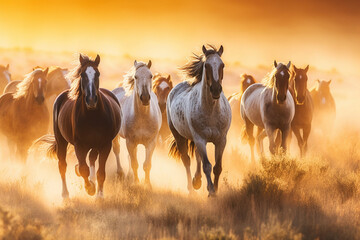 A majestic herd of wild horses galloping freely through a landscape - obrazy, fototapety, plakaty