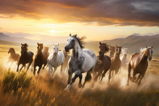 A majestic herd of wild horses galloping freely through a landscape