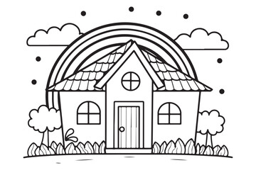 Kids Coloring Pages Vector Art, Cute Home on Rainbow Black and white vector illustration for coloring book