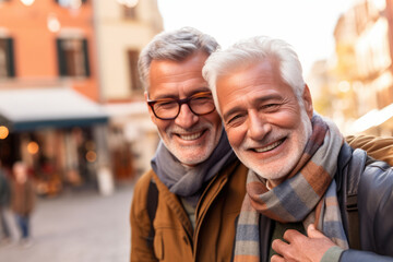 Smiling senior european gay couple hugging. Generative AI.