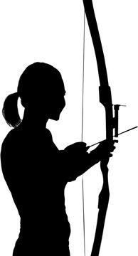 Digital png silhouette image of female archer holding bow and arrow on transparent background
