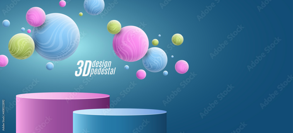 Poster 3d podium with colorful dynamic 3d spheres textured with striped pattern to showcase your product. p