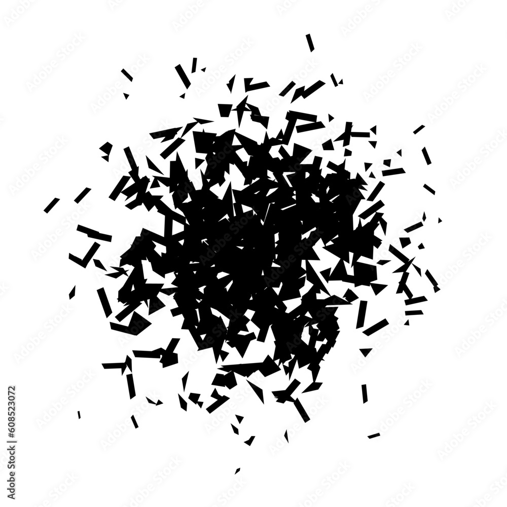 Poster debris and shatters in radial shape. black broken pieces, specks, speckles and particles. abstract e