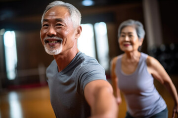 Group of asian seniors exercising at retirement centre. Generative AI.