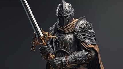 Fototapeta premium A medieval knight statue with sword. Generative ai
