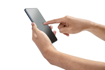 Human hand holding mobile phone with black screen