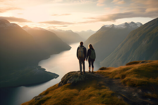 couple admiring beautiful mountain valley lake landscape