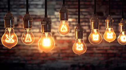Decorative Antique Edison Style Light Bulbs Against Brick Wall Background for Vintage Lamp Enthusiasts. created with Generative AI