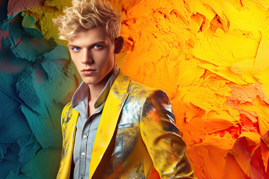 High Fashion model man in colorful bright lights posing in studio, portrait of beautiful sexy girl with trendy make-up. Art design, colorful make up. Generative AI