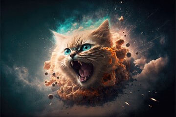 Angry cat head portrait in night sky
