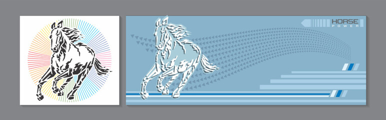 A poster of a stallion galloping with a blue background.