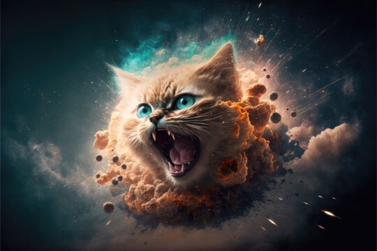 Angry cat head portrait in night sky