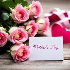 Bouquet of pink roses and Mother's Day card ai generated