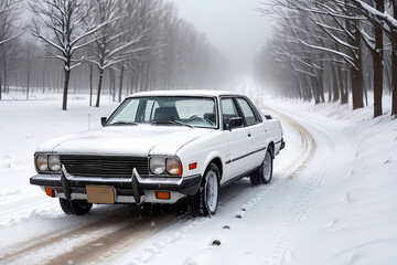 Fototapeta na wymiar Old car on a snowy road in the winter. illustration
