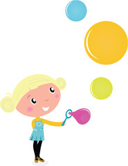 Cute cartoon Child with Colorful Soap Bubbles - vector Illustration.