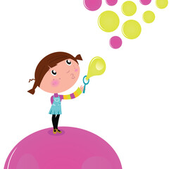 Lovely little Girl blowing Soap bubbles in the Air. Vector cartoon Illustration.