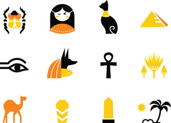 Collection of Egypt icons - pyramids, scarab, anubis, camel, cat, obelisk etc.