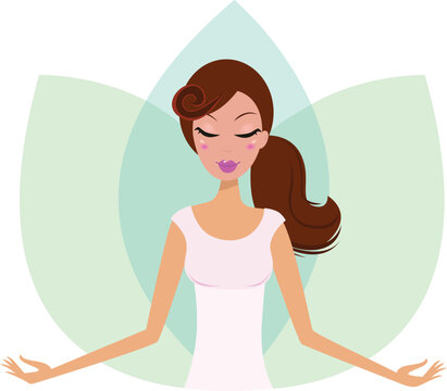 Yoga Woman practicing yoga, green Lotus Flower behind the girl. Vector Illustration.