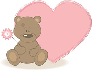 Brown tedy bear and big heart on the background. Vector Illustration.