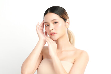 Beautiful young asian woman with clean fresh skin on white background, Face care, Facial treatment, Cosmetology, beauty and spa, Asian women portrait.