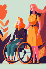 mother and daughter in wheelchair. generative ai technology