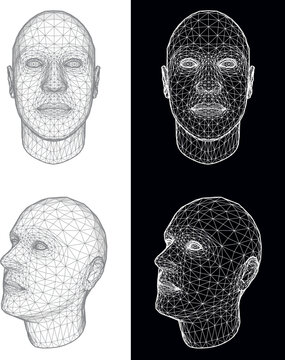 Set of two wireframe views of a human head at different angles on white and black background. Vector Illustration