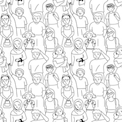 Seamless pattern with crowd of people, outline doodle cartoon style.