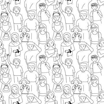 Seamless pattern with crowd of people, outline doodle cartoon style.