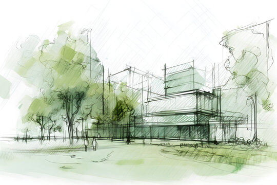 Premium AI Image | Sketch architecture blueprint buildingEco friendly  buildings with green trees on the street safe eco