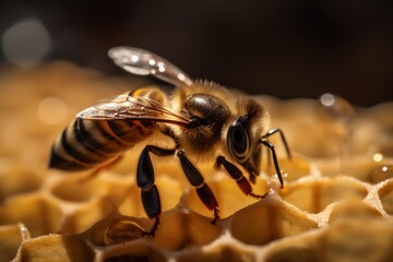 bee closeup honey yellow macro insect pollen background generative gold nature. Generative AI.