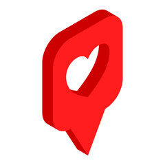 Map pointer with heart icon. 3D Isometric of map pointer with heart icon for web design isolated on white background.