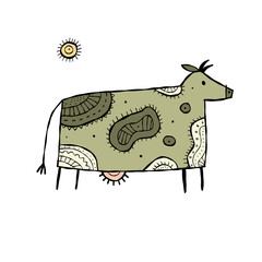 Stylish Ethnic Vector Illustration: Isolated Cow on White Background